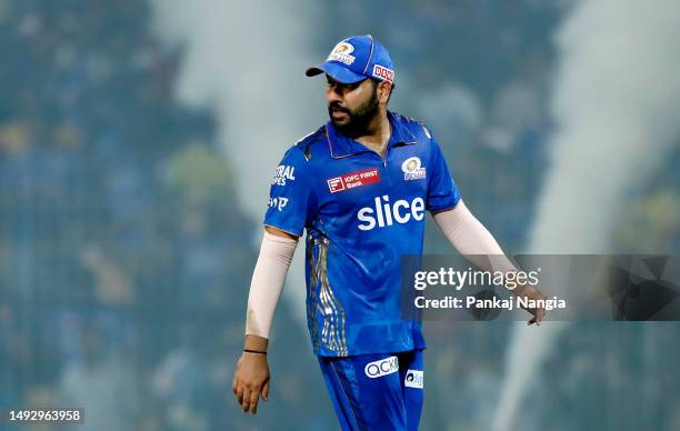 Rohit Sharma of Mumbai Indians looks on after the IPL Eliminator match between Lucknow Super Giants and Mumbai Indians at MA Chidambaram Stadium on...