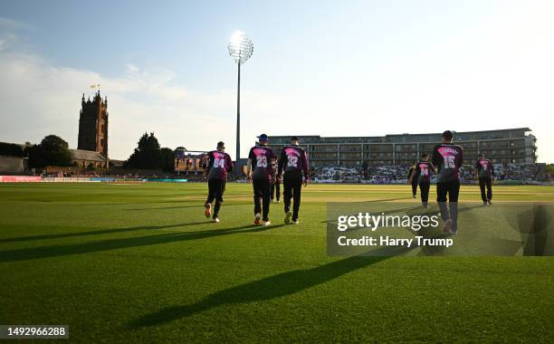 Players of Somerset make their way out to field during the Vitality Blast T20 match between Somerset and Hampshire Hawks at The Cooper Associates...