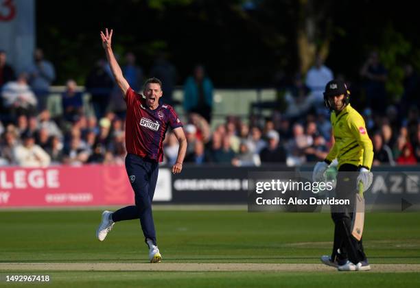 Michael Hogan of Kent Spitfires celebrates taking the wicket of Jack Taylor of Gloucestershire during the Vitality Blast T20 match between Kent...