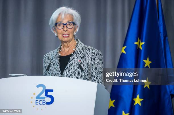 Christine Lagarde, President of the European Central Bank speaks during the celebrations of the 25th anniversary of the European Central Bank on May...