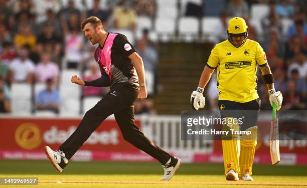 Craig Overton of Somerset celebrates the wicket of Ben McDermott of Hampshire Hawks during the Vitality Blast T20 match between Somerset and...