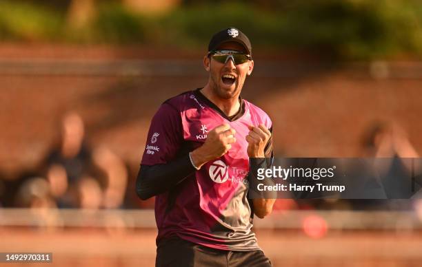 Craig Overton of Somerset celebrates the wicket of Joe Weatherley of Hampshire Hawks during the Vitality Blast T20 match between Somerset and...