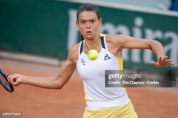 Chloé Paquet of France in action against Aliona Bolsova of Spain on Court Seven during qualification round two at the 2023 French Open Tennis...
