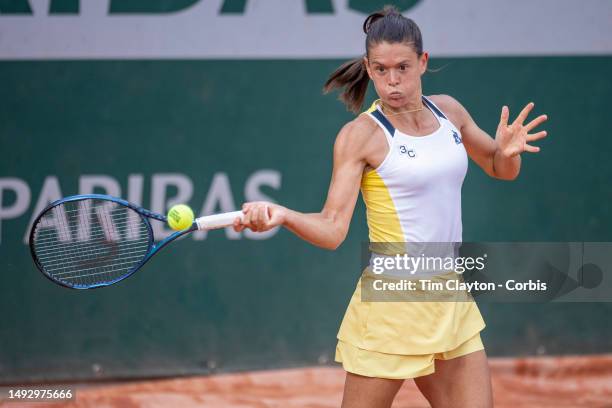 Chloé Paquet of France in action against Aliona Bolsova of Spain on Court Seven during qualification round two at the 2023 French Open Tennis...