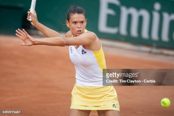 Chloé Paquet of France in action against Aliona Bolsova of Spain on Court Seven during qualification round two at the 2023 French Open Tennis...