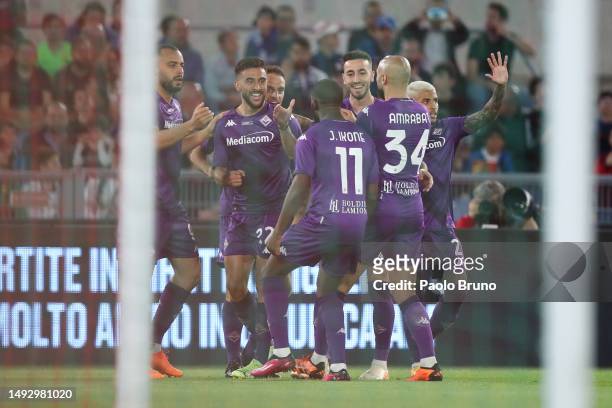 Nicolas Gonzalez of ACF Fiorentina celebrates with teammates after scoring the team's first goal during the Coppa Italia Final match between ACF...
