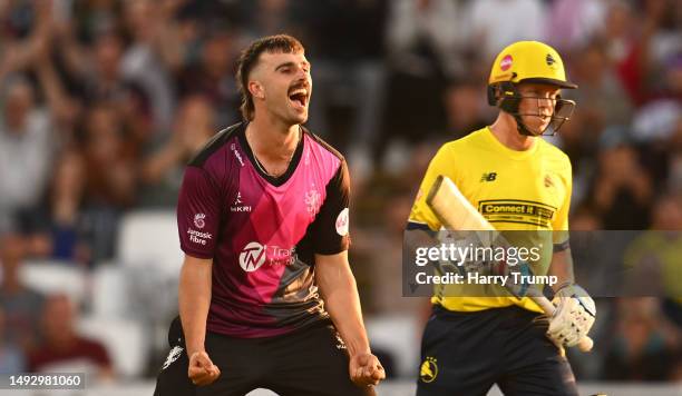 Ben Green of Somerset celebrates the wicket of Chris Wood of Hampshire Hawks during the Vitality Blast T20 match between Somerset and Hampshire Hawks...