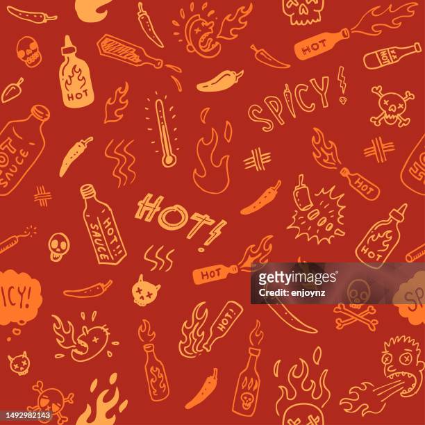 nahtlose doodle-illustrationen mit roter scharfer würziger soße - chili schote stock-grafiken, -clipart, -cartoons und -symbole