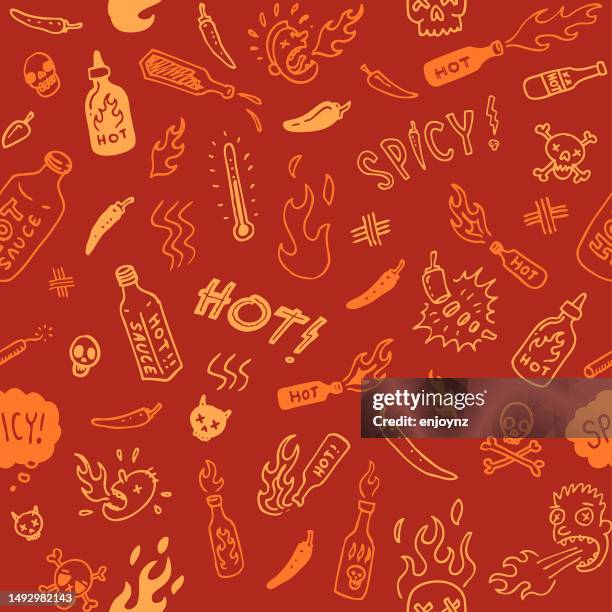 ilustraciones, imágenes clip art, dibujos animados e iconos de stock de ilustraciones de garabatos de salsa picante al rojo vivo sin costuras - spice