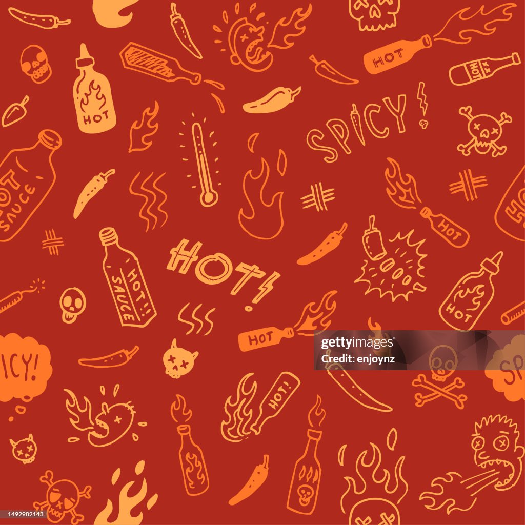 Seamless red hot spicy sauce doodle illustrations