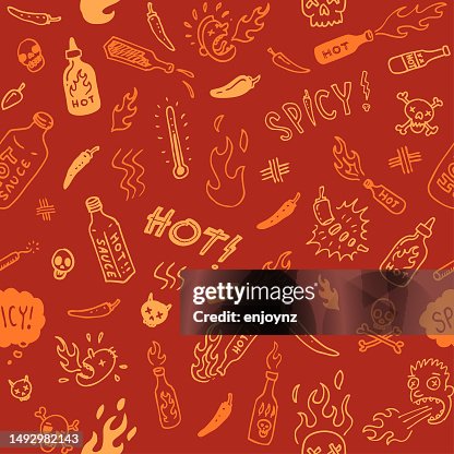 Seamless red hot spicy sauce doodle illustrations Seamless red hot spicy sauce doodle illustrations