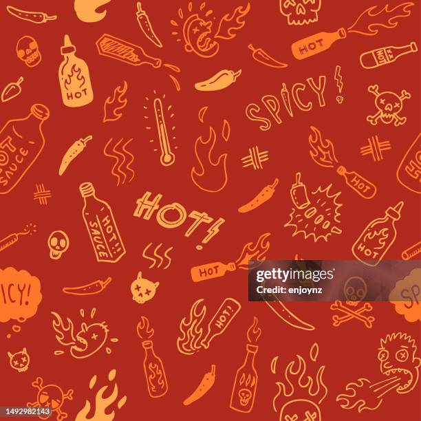 seamless red hot spicy sauce doodle illustrations - burning paper stock illustrations