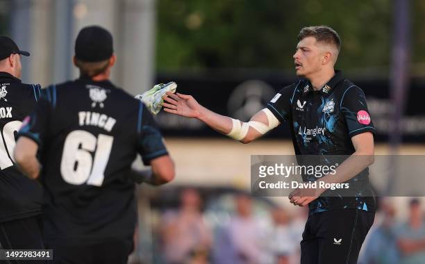 Mitchell Stanley of Worcestershire Rapids celebrates after taking the wicket of Chris Lynn during the Vitality Blast T20 match between...
