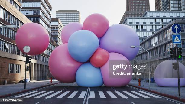 bunch of big spheres in the city - roadblock illustration stock pictures, royalty-free photos & images