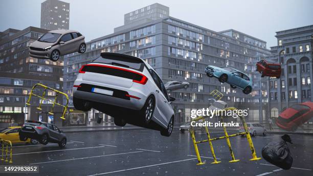 cars lifting off - in de lucht zwevend stockfoto's en -beelden
