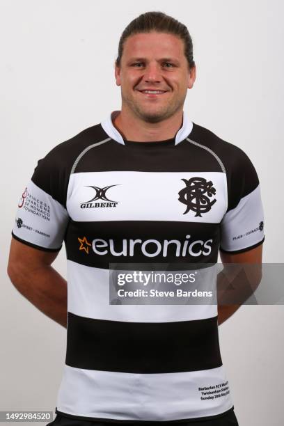 Harry Thacker poses during the Barbarians squad portraits session at Royal Garden Hotel on May 24, 2023 in London, England. The Barbarians will play...