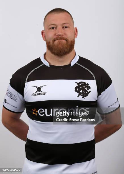 Tom West poses during the Barbarians squad portraits session at Royal Garden Hotel on May 24, 2023 in London, England. The Barbarians will play...