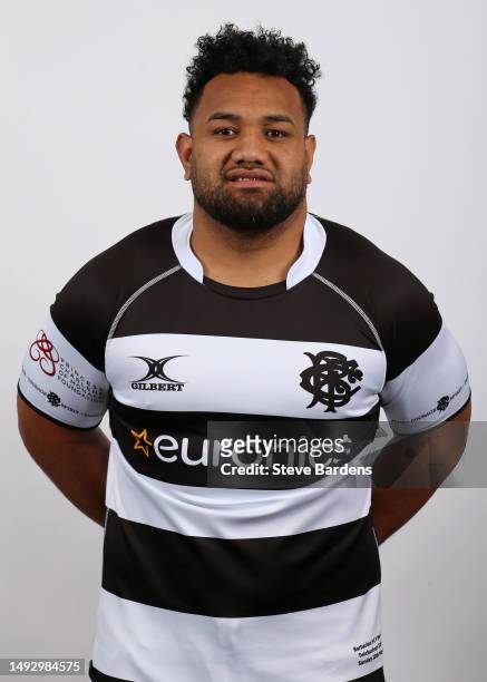 Sione Vailanu poses during the Barbarians squad portraits session at Royal Garden Hotel on May 24, 2023 in London, England. The Barbarians will play...