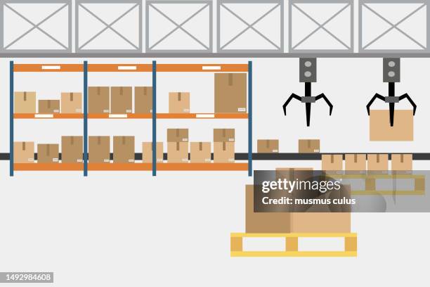 stockillustraties, clipart, cartoons en iconen met packaging and production line concept flat style. industrial machine vector illustration. on the conveyor belt at the cardboard box factory - boxes conveyor belt