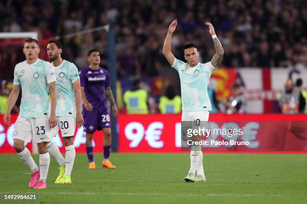 Lautaro Martinez of FC Internazionale celebrates after scoring the team's first goal during the Coppa Italia Final match between ACF Fiorentina and...