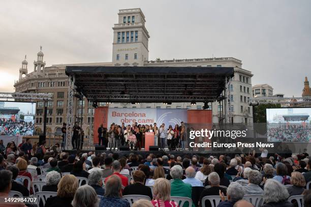 The mayor of Barcelona and candidate for re-election, Ada Colau, speaks at a campaign event in Plaza Catalunya, on 24 May, 2023 in Barcelona,...