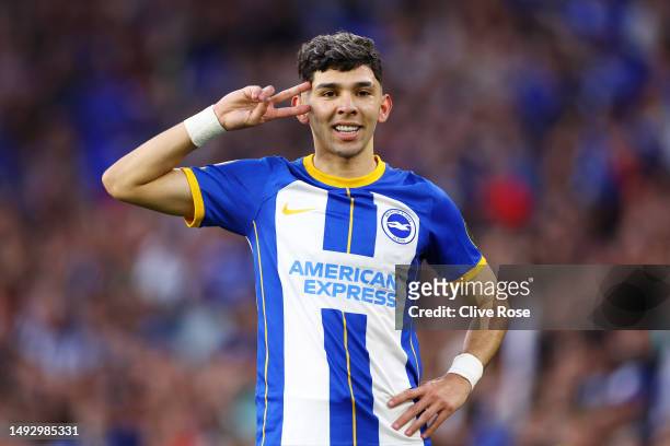 Julio Enciso of Brighton & Hove Albion celebrates after scoring the team's first goal during the Premier League match between Brighton & Hove Albion...