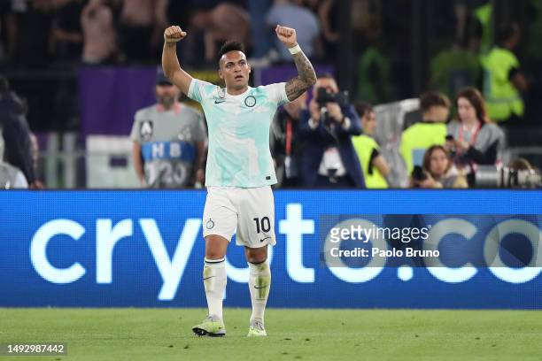 Lautaro Martinez of FC Internazionale celebrates after scoring the team's second goal during the Coppa Italia Final match between ACF Fiorentina and...