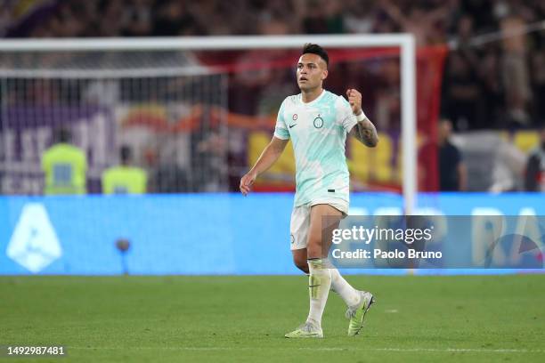 Lautaro Martinez of FC Internazionale celebrates after scoring the team's second goal during the Coppa Italia Final match between ACF Fiorentina and...