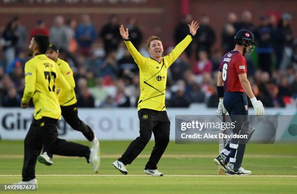 Tom Smith of Gloucestershire celebrates taking the wicket of Daniel Bell-Drummond of Kent during the Vitality Blast T20 match between Kent Spitfires...