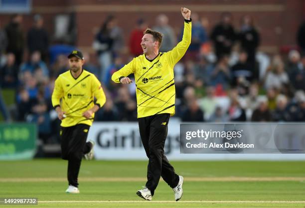 Tom Smith of Gloucestershire celebrates taking the wicket of Daniel Bell-Drummond of Kent during the Vitality Blast T20 match between Kent Spitfires...