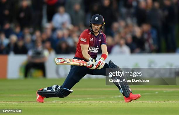 Sam Billings of Kent hits runs during the Vitality Blast T20 match between Kent Spitfires and Gloucestershire at The Spitfire Ground on May 24, 2023...