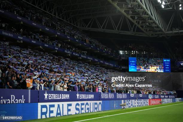 Fans of RCD Espanyol show their support prior to the LaLiga Santander match between RCD Espanyol and Atletico de Madrid at RCDE Stadium on May 24,...