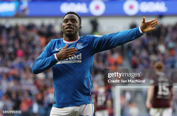 Fashion Sakala of Rangers celebrates after scoring his team's second goal during the Cinch Scottish Premiership match between Rangers and Heart of...