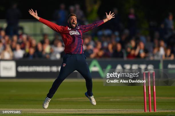 Jack Leaning of Kent Spitfires appeals unsuccessfully during the Vitality Blast T20 match between Kent Spitfires and Gloucestershire at The Spitfire...