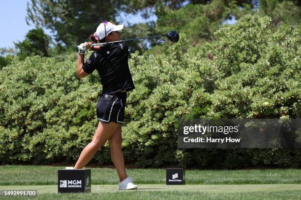 Danielle Kang of the United States hits a tee shot on the tenth hole on day one of the Bank of Hope LPGA Match-Play presented by MGM Rewards at...