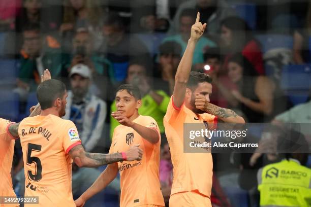 Saul Niguez of Atletico Madrid celebrates after scoring the team's first goal during the LaLiga Santander match between RCD Espanyol and Atletico de...