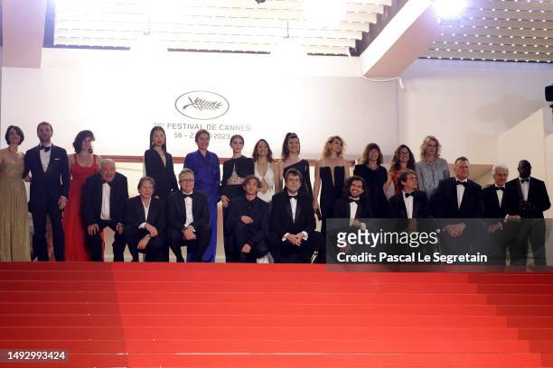 Cast and crew of the movie attend the "Il Sol Dell'Avvenire " red carpet during the 76th annual Cannes film festival at Palais des Festivals on May...