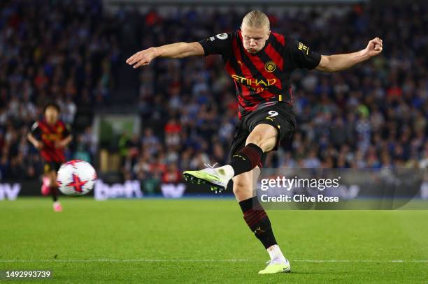 Erling Haaland of Manchester City shoots during the Premier League match between Brighton & Hove Albion and Manchester City at American Express...