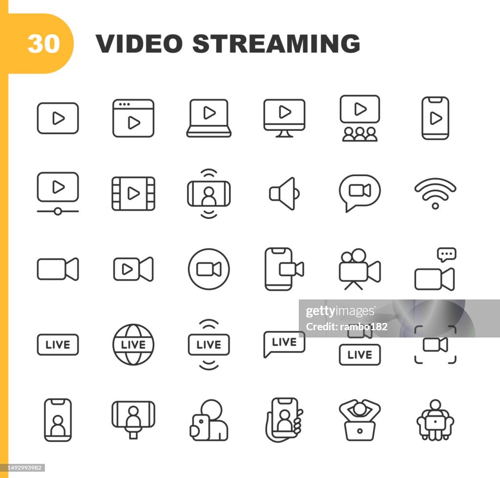Ícones da linha de streaming de vídeo. Golpe editável. Contém ícones como Live, Web Streaming, Streaming de Vídeo, Radiodifusão, Podcast, Televisão, Esporte, Tela de Dispositivos, Filme e Filme, Mídias Sociais, Influenciador, Tela de Dispositivos.