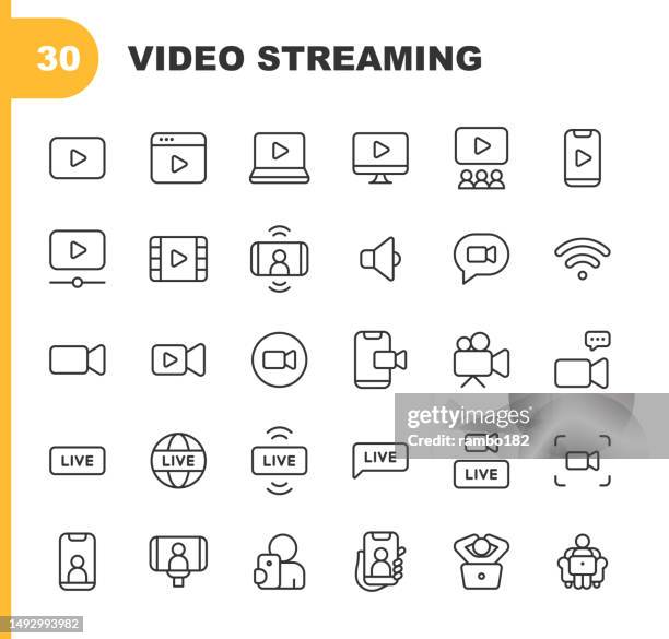 video streaming line icons. editable stroke. contains such icons as live, web streaming, video streaming, broadcasting, podcast, television, sport, device screen, film and movie, social media, influencer, device screen. - arts culture and entertainment stock illustrations