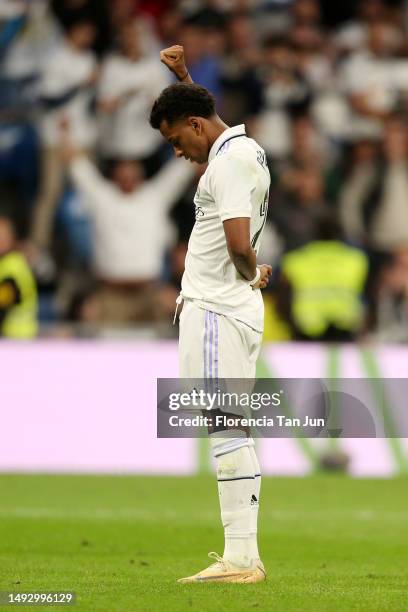 Rodrygo of Real Madrid celebrates after scoring the team's second goal during the LaLiga Santander match between Real Madrid CF and Rayo Vallecano at...
