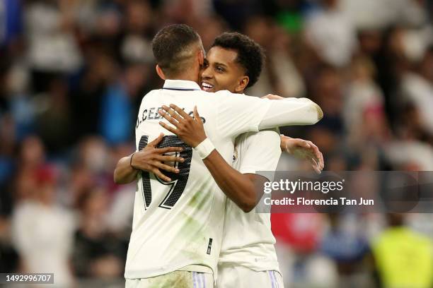 Rodrygo of Real Madrid celebrates with Dani Ceballos after scoring the team's second goal during the LaLiga Santander match between Real Madrid CF...