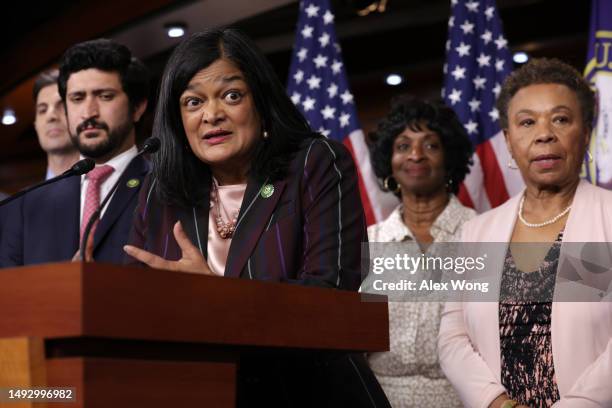 Rep. Pramila Jayapal speaks during a news conference at the U.S. Capitol on May 24, 2023 in Washington, DC. The Congressional Progressive Caucus held...