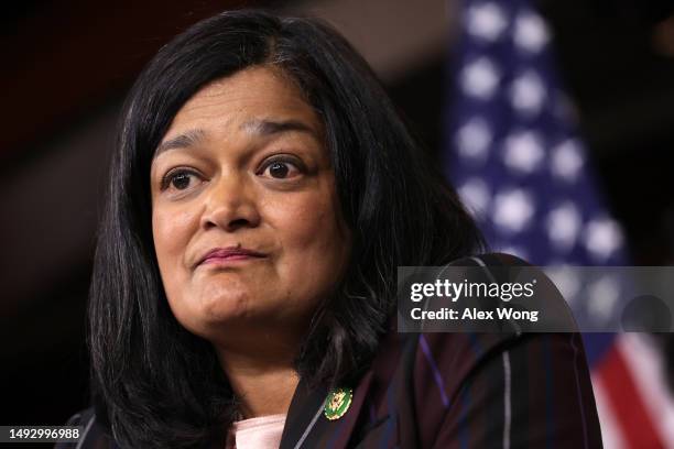 Rep. Pramila Jayapal speaks during a news conference at the U.S. Capitol on May 24, 2023 in Washington, DC. The Congressional Progressive Caucus held...