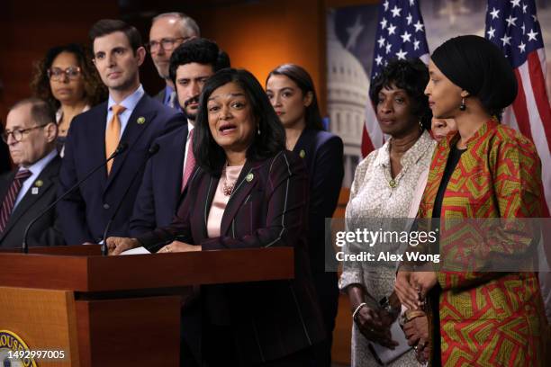 Rep. Pramila Jayapal speaks during a news conference at the U.S. Capitol on May 24, 2023 in Washington, DC. The Congressional Progressive Caucus held...