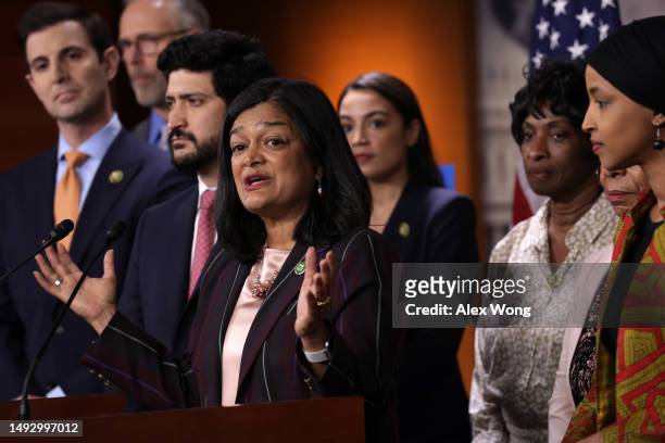 Rep. Pramila Jayapal speaks during a news conference at the U.S. Capitol on May 24, 2023 in Washington, DC. The Congressional Progressive Caucus held...