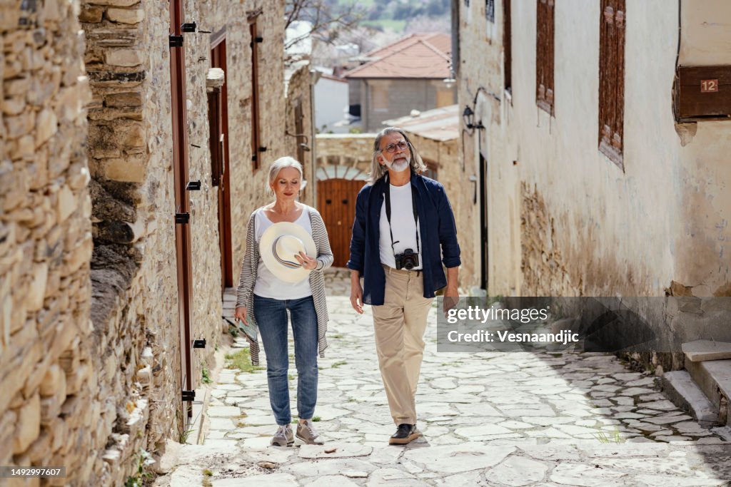 Mature couple visiting old village of Lefkara , Cyprus