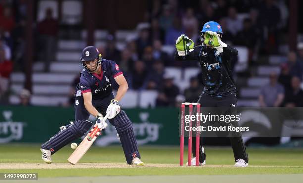 James Sales of Northamptonshire Steelbacks attempts a ramp shot but is bowled by Brett D'Oliveira during the Vitality Blast T20 match between...