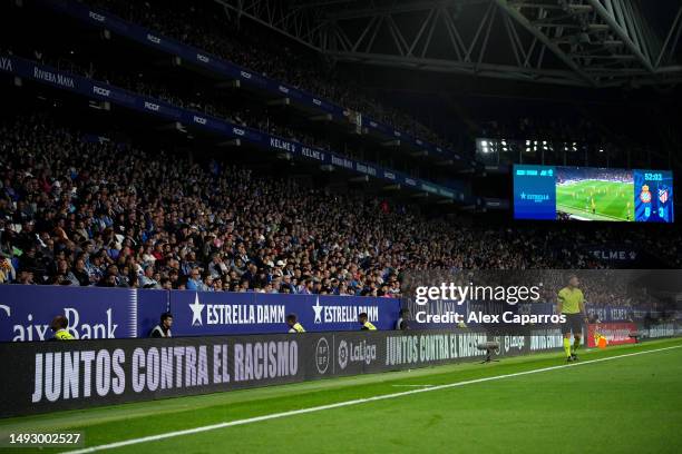 An message reading 'Juntos Contra El Racismo' is seen being displayed on the LED boards inside the stadium during the LaLiga Santander match between...