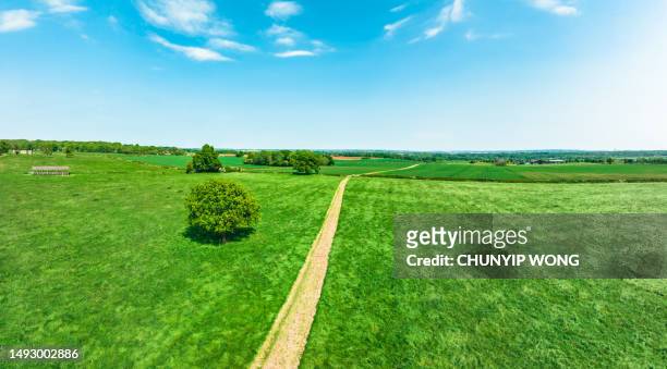 aerial view of beautiful agricultural fields with cloudy blue sky in england - aircraft point of view stock pictures, royalty-free photos & images